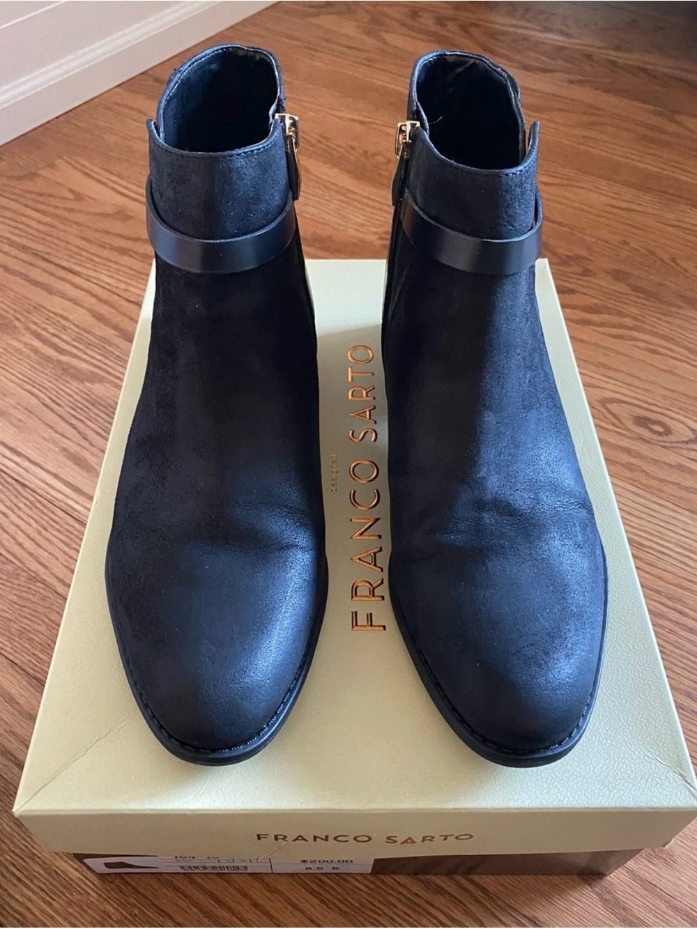 Franco Sarto Black Suede Ankle Boots with Leather Strap Accent